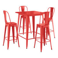Lancaster Table & Seating Alloy Series 31 1/2" x 31 1/2" Ruby Red Bar Height Outdoor Table with 4 Cafe Barstools