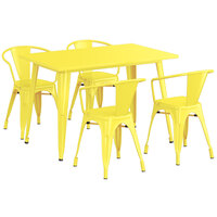 Lancaster Table & Seating Alloy Series 47 1/2" x 29 1/2" Yellow Standard Height Outdoor Table with 4 Arm Chairs