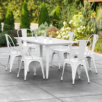 Lancaster Table & Seating Alloy Series 63 inch x 32 inch Rectangle White Dining Height Outdoor Table with 6 Industrial Cafe Chairs