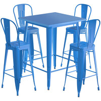 Lancaster Table & Seating Alloy Series 32 inch x 32 inch Blue Outdoor Bar Height Table with 4 Metal Cafe Bar Stools