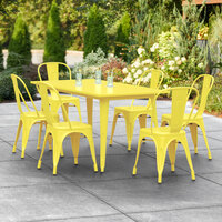 Lancaster Table & Seating Alloy Series 63 inch x 32 inch Yellow Dining Height Outdoor Table with 6 Industrial Cafe Chairs