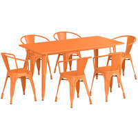 Lancaster Table & Seating Alloy Series 63" x 32" Orange Standard Height Outdoor Table with 6 Arm Chairs