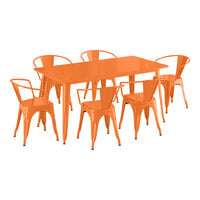 Lancaster Table & Seating Alloy Series 63 inch x 31 1/2 inch Orange Standard Height Outdoor Table with 6 Arm Chairs