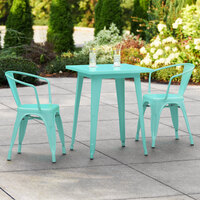 Lancaster Table & Seating Alloy Series 24 inch x 24 inch Seafoam Dining Height Outdoor Table with 2 Arm Chairs