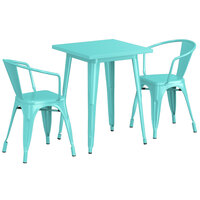Lancaster Table & Seating Alloy Series 23 1/2" x 23 1/2" Seafoam Standard Height Outdoor Table with 2 Arm Chairs