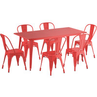 Lancaster Table & Seating Alloy Series 63 inch x 32 inch Red Dining Height Outdoor Table with 6 Industrial Cafe Chairs