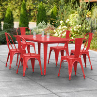 Lancaster Table & Seating Alloy Series 63 inch x 32 inch Red Dining Height Outdoor Table with 6 Industrial Cafe Chairs