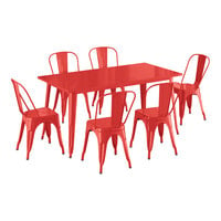 Lancaster Table & Seating Alloy Series 63 inch x 31 1/2 inch Ruby Red Standard Height Outdoor Table with 6 Cafe Chairs