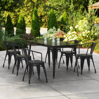 Lancaster Table & Seating Alloy Series 63 inch x 32 inch Black Dining Height Outdoor Table with 6 Arm Chairs