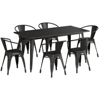 Lancaster Table & Seating Alloy Series 63" x 32" Black Standard Height Outdoor Table with 6 Arm Chairs