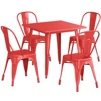 Lancaster Table & Seating Alloy Series 32 inch x 32 inch Red Dining Height Outdoor Table with 4 Industrial Cafe Chairs