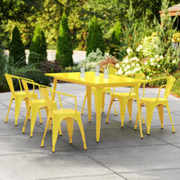 Lancaster Table & Seating Alloy Series 63 inch x 32 inch Yellow Dining Height Outdoor Table with 6 Arm Chairs