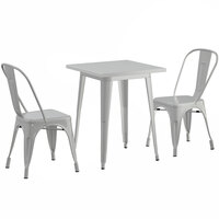 Lancaster Table & Seating Alloy Series 24 inch x 24 inch Silver Dining Height Outdoor Table with 2 Industrial Cafe Chairs