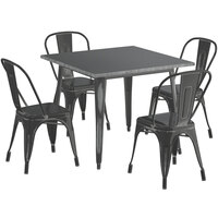 Lancaster Table & Seating Alloy Series 36 inch x 36 inch Square Distressed Black Dining Height Outdoor Table with 4 Industrial Cafe Chairs