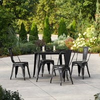 Lancaster Table & Seating Alloy Series 35 1/2 inch x 35 1/2 inch Distressed Black Standard Height Outdoor Table with 4 Cafe Chairs