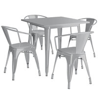 Lancaster Table & Seating Alloy Series 32 inch x 32 inch Silver Dining Height Outdoor Table with 4 Arm Chairs