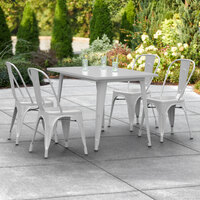 Lancaster Table & Seating Alloy Series 48 inch x 30 inch Silver Dining Height Outdoor Table with 4 Industrial Cafe Chairs