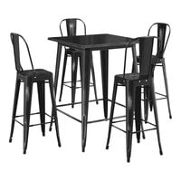 Lancaster Table & Seating Alloy Series 31 1/2 inch x 31 1/2 inch Distressed Onyx Black Bar Height Outdoor Table with 4 Cafe Barstools