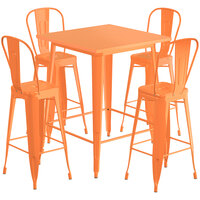 Lancaster Table & Seating Alloy Series 32 inch x 32 inch Orange Outdoor Bar Height Table with 4 Metal Cafe Bar Stools