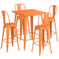 Lancaster Table & Seating Alloy Series 32 inch x 32 inch Orange Outdoor Bar Height Table with 4 Metal Cafe Bar Stools