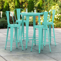 Lancaster Table & Seating Alloy Series 30 inch Round Seafoam Outdoor Bar Height Table with 4 Metal Cafe Bar Stools