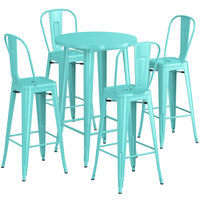 Lancaster Table & Seating Alloy Series 30" Round Seafoam Bar Height Outdoor Table with 4 Cafe Barstools