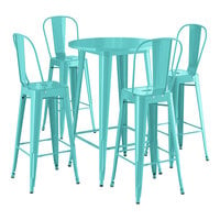 Lancaster Table & Seating Alloy Series 30" Round Seafoam Bar Height Outdoor Table with 4 Cafe Barstools