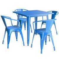 Lancaster Table & Seating Alloy Series 32 inch x 32 inch Blue Dining Height Outdoor Table with 4 Arm Chairs