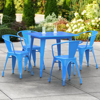 Lancaster Table & Seating Alloy Series 32 inch x 32 inch Blue Dining Height Outdoor Table with 4 Arm Chairs