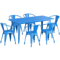 Lancaster Table & Seating Alloy Series 63 inch x 32 inch Blue Dining Height Outdoor Table with 6 Arm Chairs