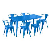 Lancaster Table & Seating Alloy Series 63" x 31 1/2" Blue Quartz Standard Height Outdoor Table with 6 Arm Chairs