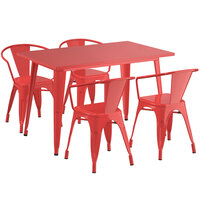 Lancaster Table & Seating Alloy Series 48 inch x 30 inch Red Dining Height Outdoor Table with 4 Arm Chairs
