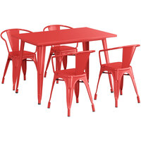 Lancaster Table & Seating Alloy Series 48 inch x 30 inch Red Dining Height Outdoor Table with 4 Arm Chairs