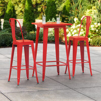 Lancaster Table & Seating Alloy Series 24 inch x 24 inch Red Outdoor Bar Height Table with 2 Metal Cafe Bar Stools