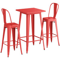 Lancaster Table & Seating Alloy Series 23 1/2" x 23 1/2" Ruby Red Bar Height Outdoor Table with 2 Cafe Barstools