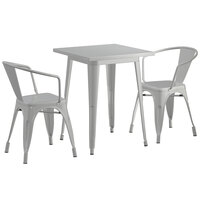 Lancaster Table & Seating Alloy Series 24 inch x 24 inch Silver Dining Height Outdoor Table with 2 Arm Chairs