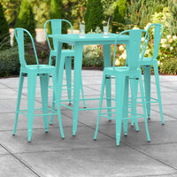 Lancaster Table & Seating Alloy Series 32 inch x 32 inch Seafoam Outdoor Bar Height Table with 4 Metal Cafe Bar Stools