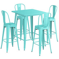 Lancaster Table & Seating Alloy Series 32 inch x 32 inch Seafoam Outdoor Bar Height Table with 4 Metal Cafe Bar Stools