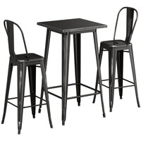 Lancaster Table & Seating Alloy Series 24 inch x 24 inch Distressed Black Outdoor Bar Height Table with 2 Metal Cafe Bar Stools