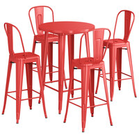 Lancaster Table & Seating Alloy Series 30 inch Round Red Outdoor Bar Height Table with 4 Metal Cafe Bar Stools