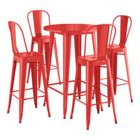 Lancaster Table & Seating Alloy Series 30 inch Round Ruby Red Bar Height Outdoor Table with 4 Cafe Barstools