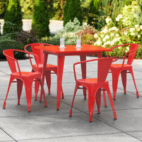 Lancaster Table & Seating Alloy Series 32 inch x 32 inch Red Dining Height Outdoor Table with 4 Arm Chairs