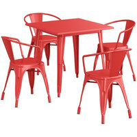 Lancaster Table & Seating Alloy Series 32" x 32" Ruby Red Standard Height Outdoor Table with 4 Arm Chairs