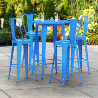 Lancaster Table & Seating Alloy Series 30 inch Round Blue Outdoor Bar Height Table with 4 Metal Cafe Bar Stools