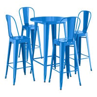 Lancaster Table & Seating Alloy Series 30" Round Blue Quartz Bar Height Outdoor Table with 4 Cafe Barstools