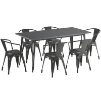 Lancaster Table & Seating Alloy Series 63 inch x 32 inch Distressed Black Dining Height Outdoor Table with 6 Arm Chairs