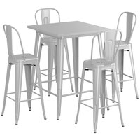 Lancaster Table & Seating Alloy Series 32 inch x 32 inch Silver Outdoor Bar Height Table with 4 Metal Cafe Bar Stools