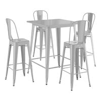 Lancaster Table & Seating Alloy Series 31 1/2" x 31 1/2" Silver Bar Height Outdoor Table with 4 Cafe Barstools