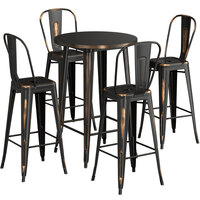 Lancaster Table & Seating Alloy Series 30" Round Distressed Copper Bar Height Outdoor Table with 4 Cafe Barstools