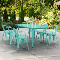 Lancaster Table & Seating Alloy Series 63 inch x 32 inch Seafoam Dining Height Outdoor Table with 6 Arm Chairs